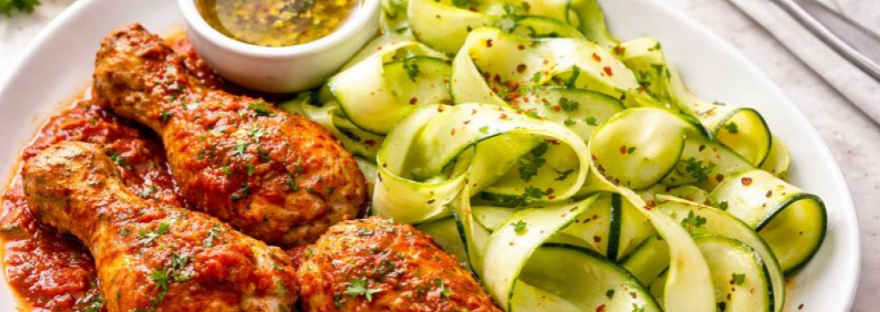 Pulpe de pui la cuptor cu sos roșu și zucchini fresh